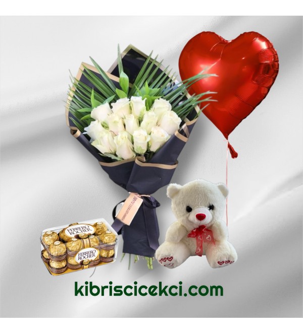 13 Beyaz Gül Buketi Ayıcık 16'lı Ferrero Çikolata Kalp Helyum Balon